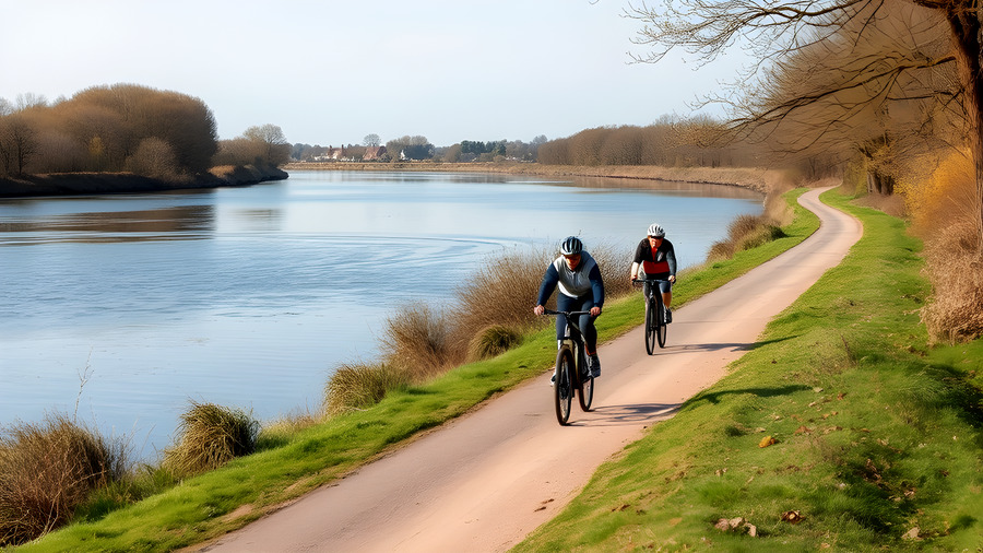 men cycling in Norfolk along a river path