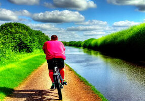 A man cycling in Norfolk along a river path